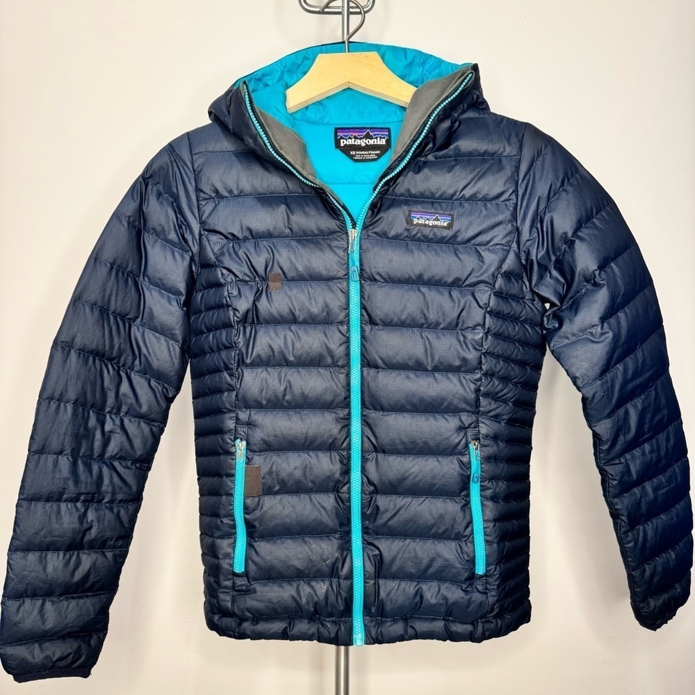 Patagonia Down Sweater Hoody Puffer Jacket Navy / Turquoise Blue Women’s XS - Picture 1 of 14